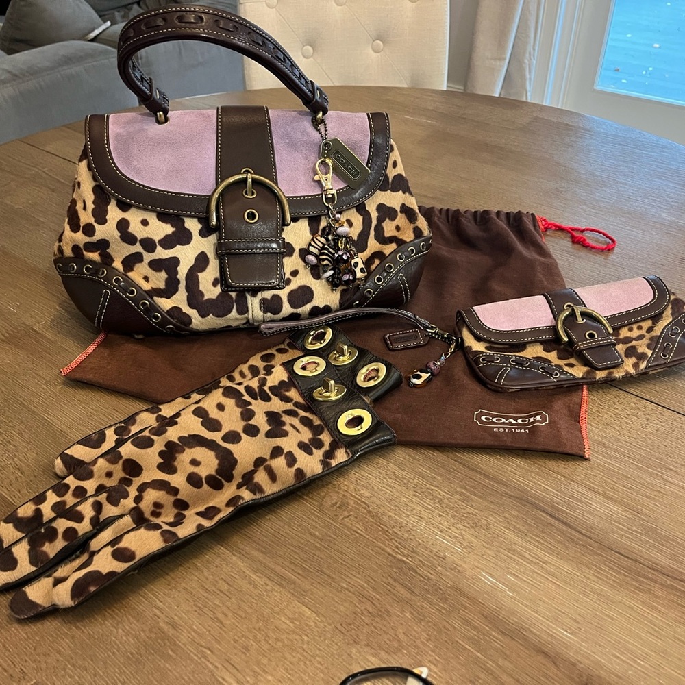 Coach Vintage Violet and Ocelot Print Satchel/Wristlet Set-with matching gloves